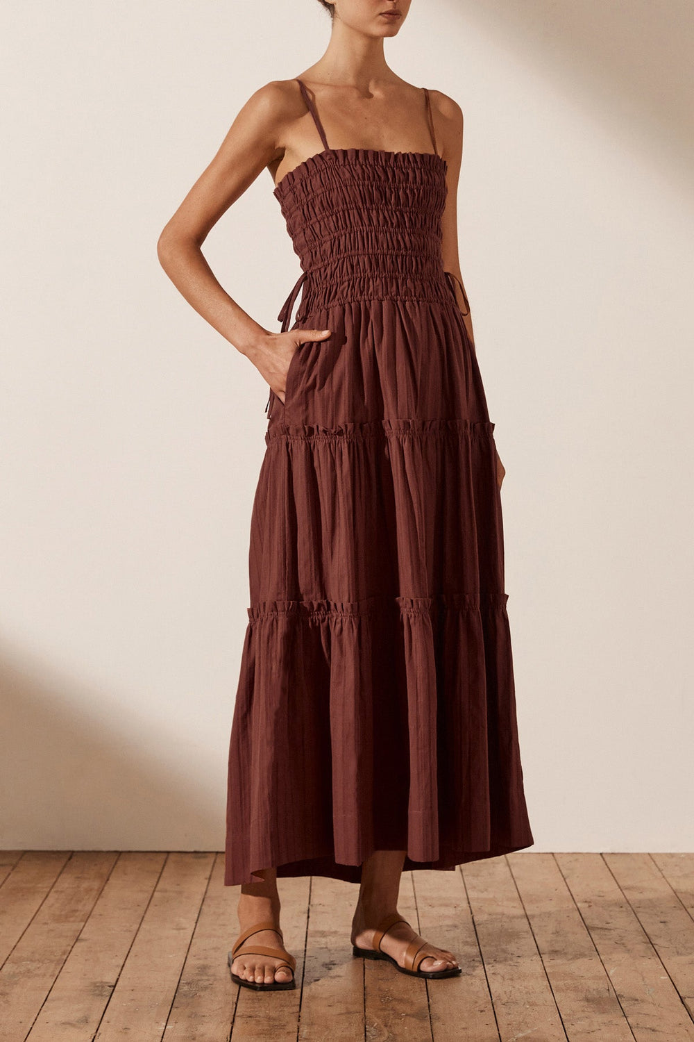 Kaia Shirred Tiered Midi Dress ...